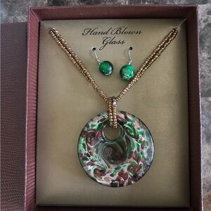 Hand Blown Glass Necklace Earrings Set Circle Multicolor Jewelry Accessory New